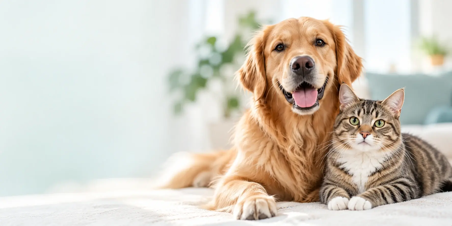 Golden retriever and tabby cat relaxing together