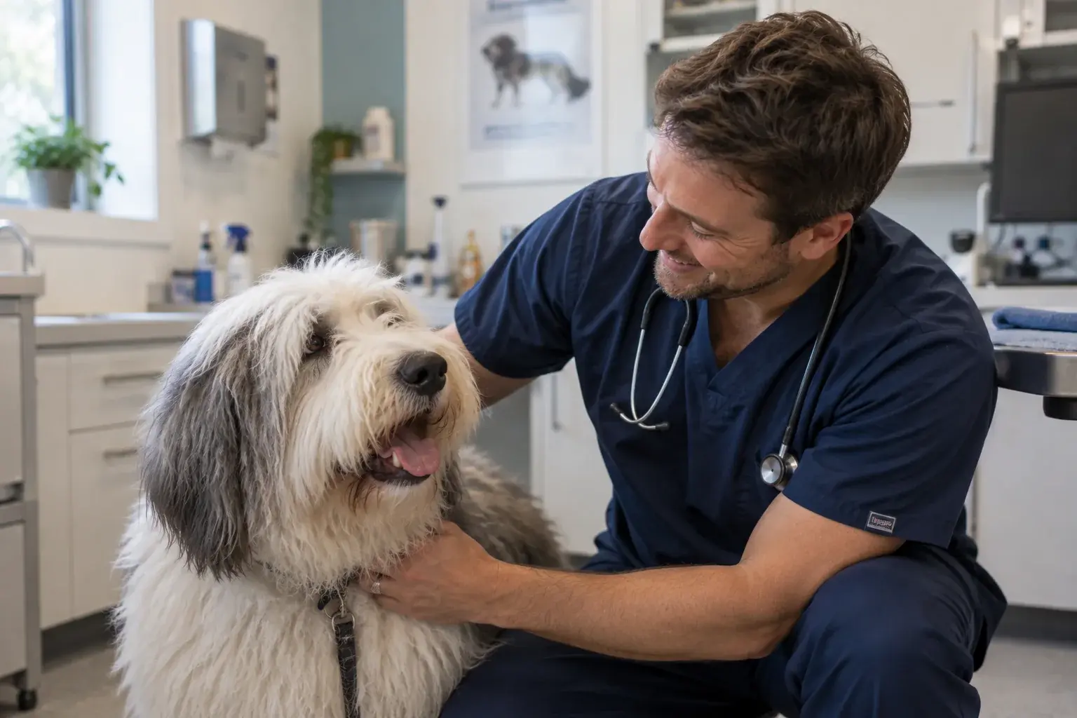 Veterinarian with an Old English Sheepdog in a veterinary clinic
