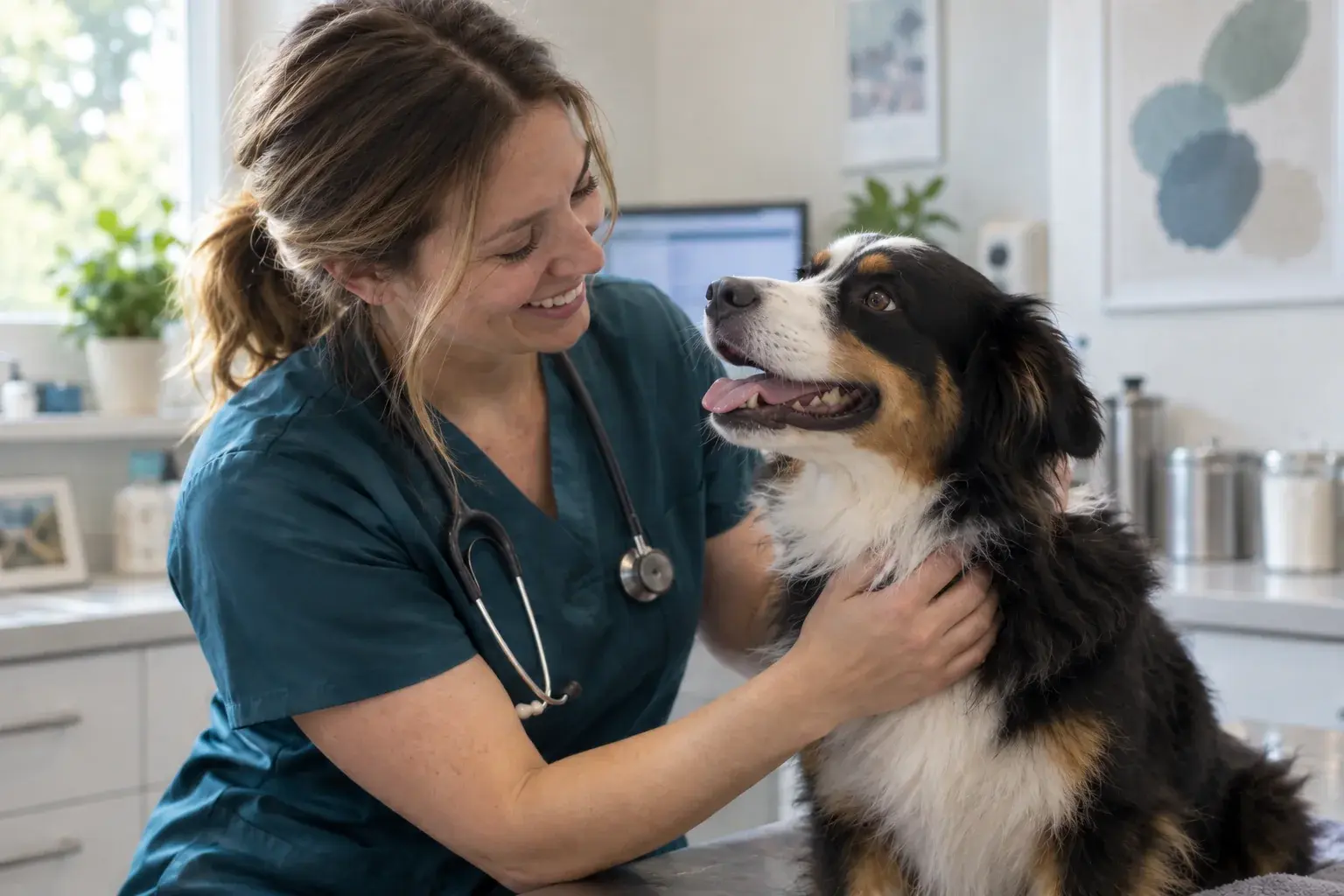 Veterinarian caring for a dog in a veterinary clinic